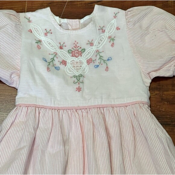 Vintage Allison Rose Pink Striped Dress - Embroidered, Cutout Lace, 6X - Picture 2 of 7